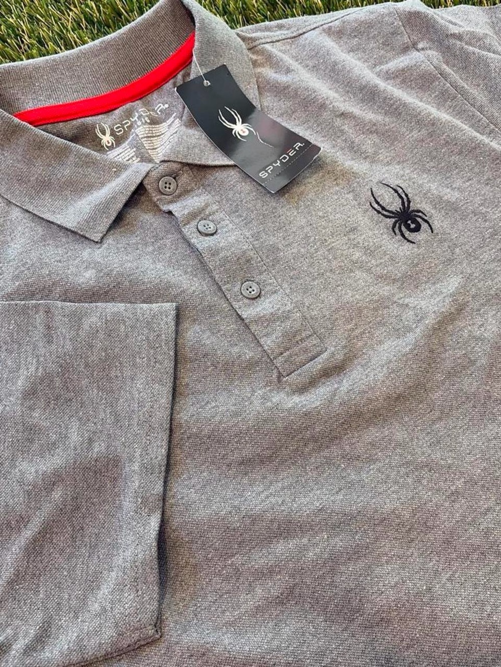 Spyder Polo Shirt Size L Dark Heather Grey Red Trim Golf Polo Mens New With Tags